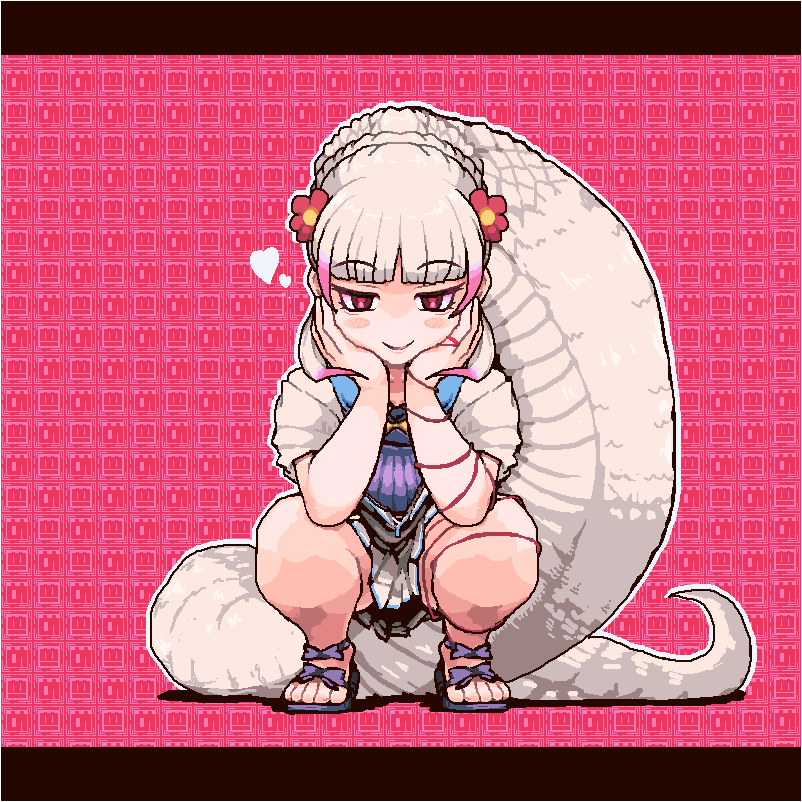 1girl, absurdly_long_tail, arm_ribbon, blunt_bangs, blush, bow, byakuda_(kemono_friends), collar