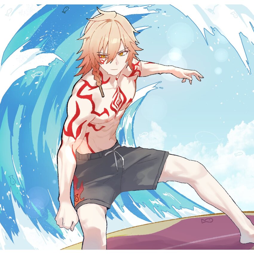 1boy, abs, arm_tattoo, black_swim_trunks, blonde_hair, braid, chest_tattoo, commentary