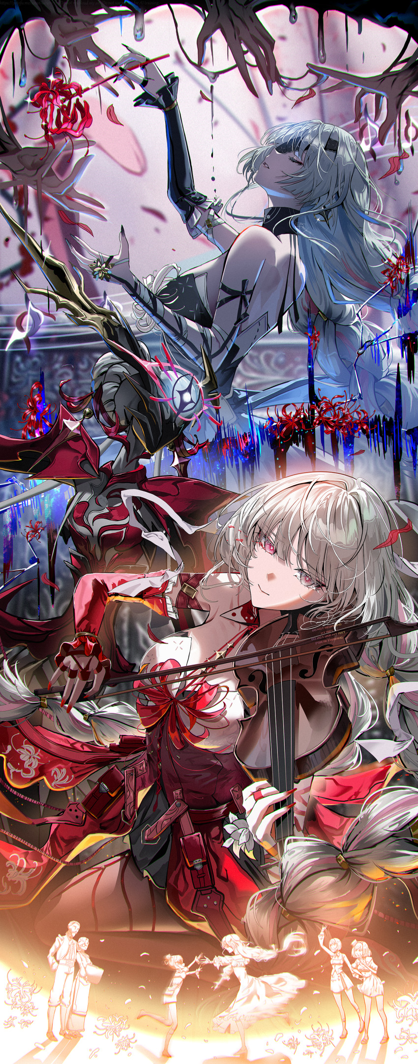 1girl, absurdres, arm_up, bandaged_arm, bandages, bare_shoulders, black_dress, black_nails