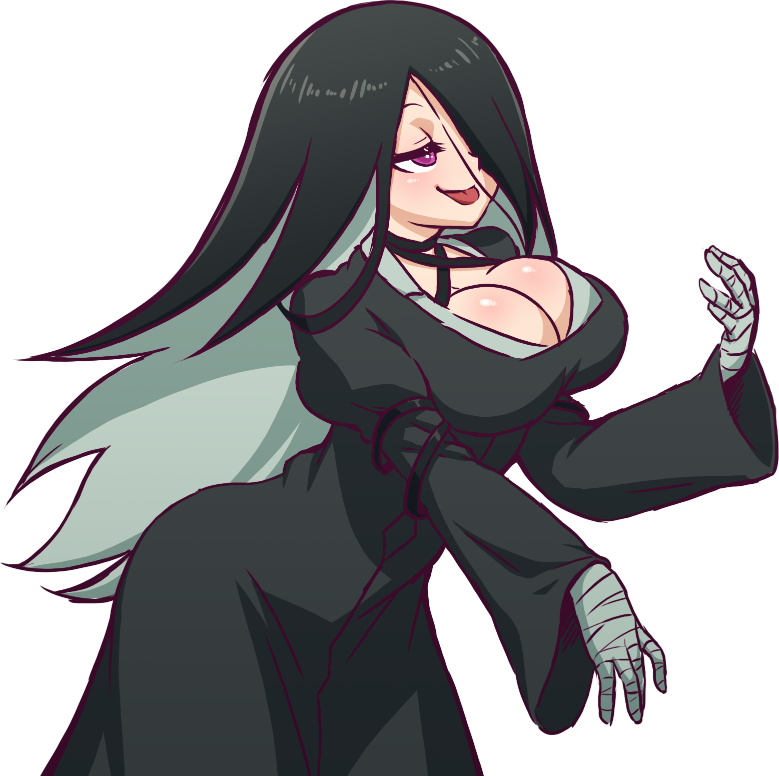 1girl, bandaged_hand, black_hair, breasts, eris_illmater, large_breasts, long_hair, mike_inel, multicolored_hair, one_eye_covered, smile, tongue, tongue_out, transparent_background, two-tone_hair, tyrion_cuthbert:_attorney_of_the_arcane, white_hair
