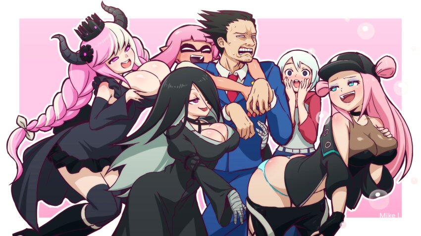 1boy, 5girls, ace_attorney, another_code, artist_name, ashley_mizuki_robbins, bandaged_hand, black_hair
