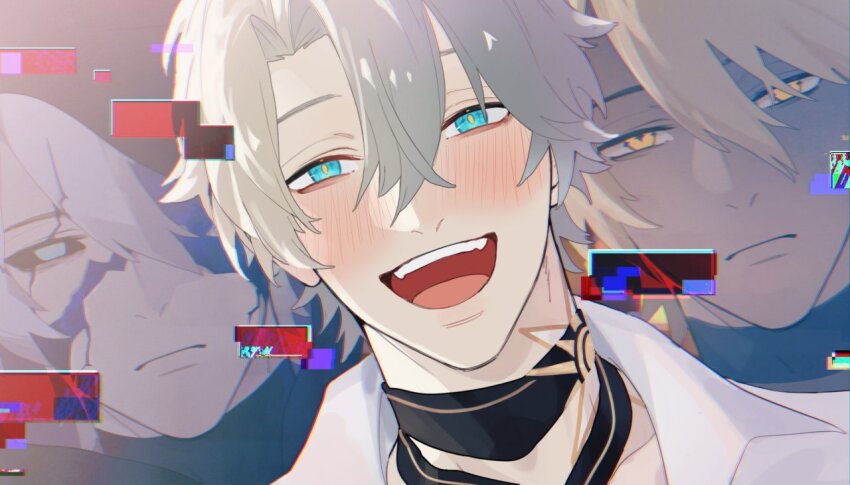 3boys, :d, alternate_form, antenna_hair, black_choker, blonde_hair, blue_eyes, blush