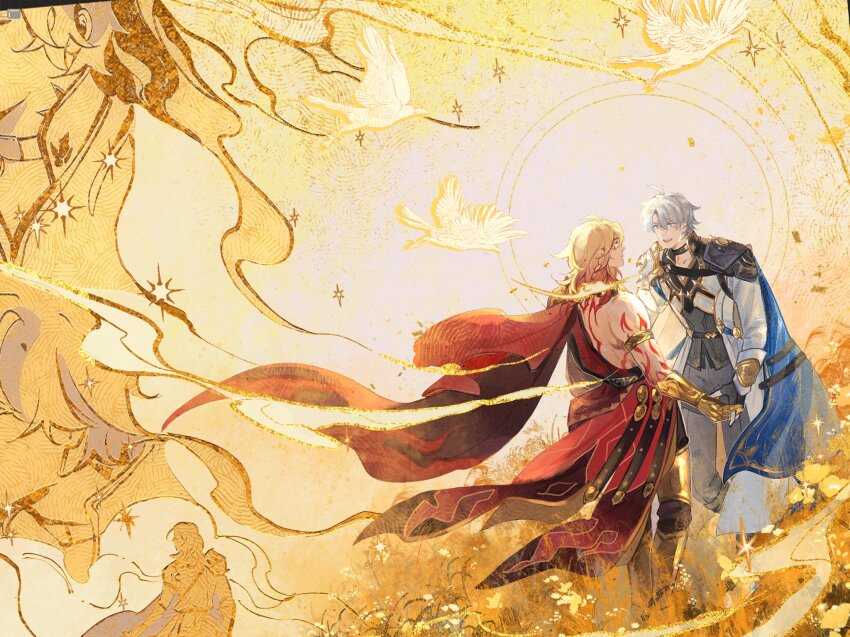 2boys, antenna_hair, arm_tattoo, armlet, armor, armored_boots, back_tattoo, black_coat