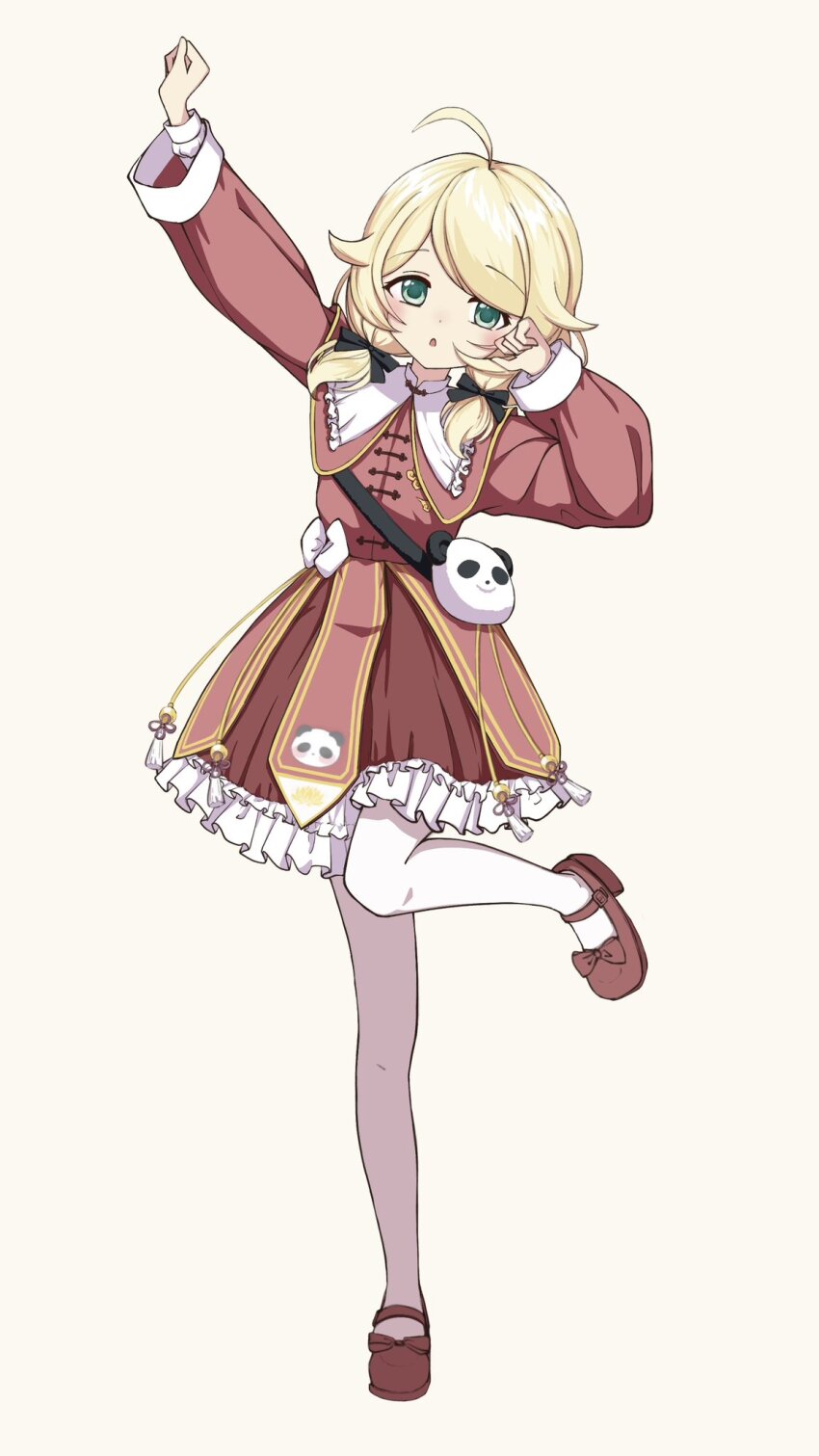 1girl, :o, ahoge, animal_print, arm_up, bear_print, black_ribbon, blonde_hair, blush, brown_dress, brown_shoes, clenched_hand, commentary, dress, flat_chest, frilled_dress, frills, full_body, green_eyes, hair_flaps, hair_ribbon, highres, idolmaster, idolmaster_cinderella_girls, long_sleeves, looking_at_viewer, low_twintails, medium_hair, panda_bag, panda_print, pantyhose, ribbon, shoes, sidelocks, solo, standing, standing_on_one_leg, therisnow, twintails, white_background, white_pantyhose, yusa_kozue