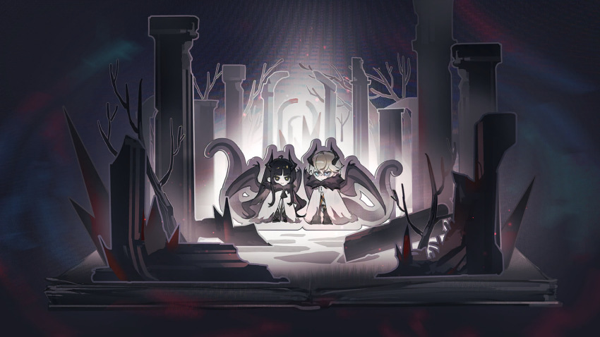 1boy, 1girl, ahoge, alternate_species, arknights, black_eyes, black_hair, blonde_hair