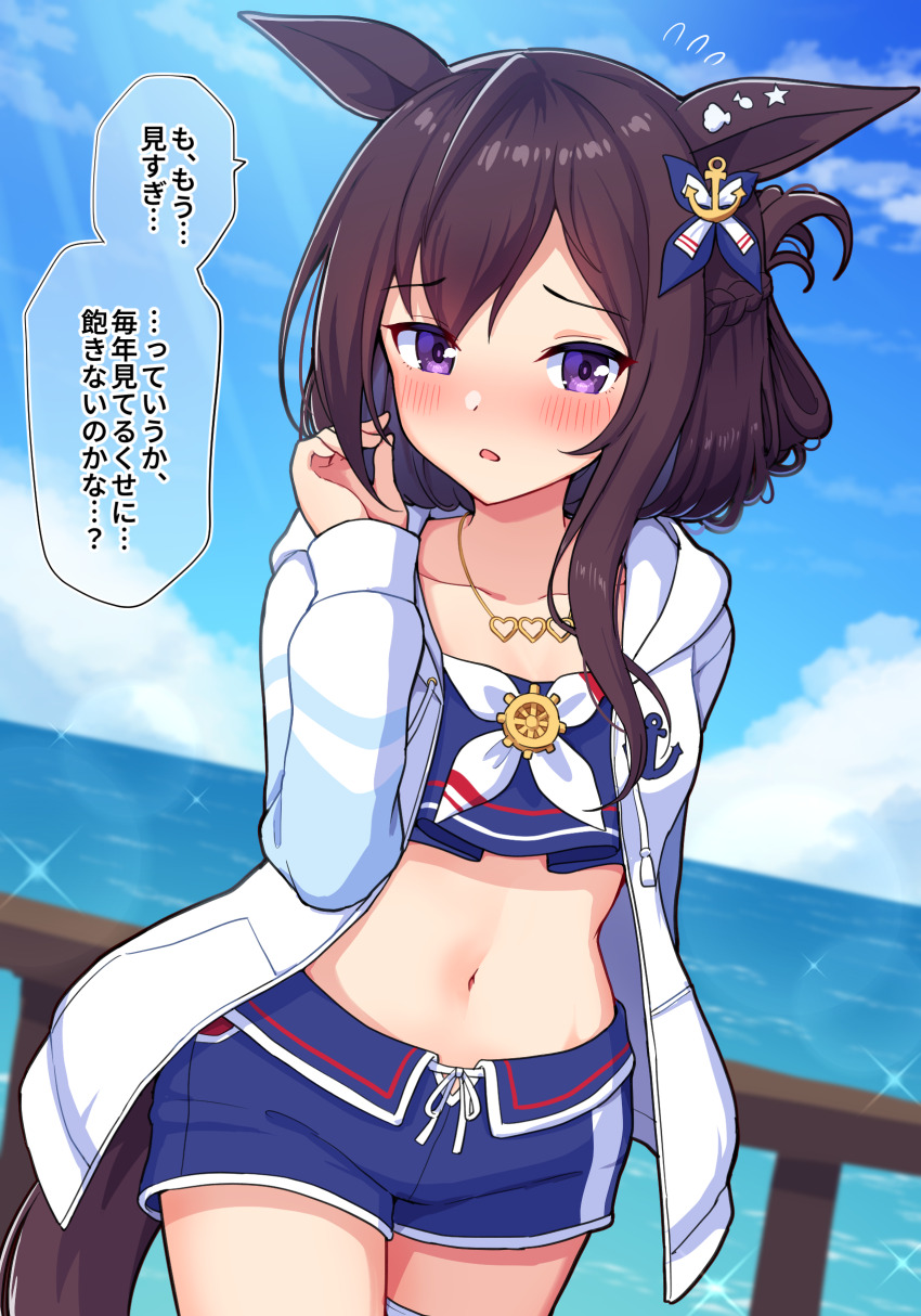 1girl, absurdres, animal_ears, bikini, blue_bikini, blue_sky, brown_hair, cheval_grand_(summer_calm_navy_drop)_(umamusume)