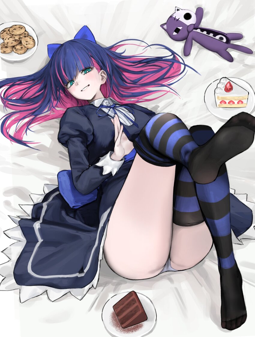 1girl, absurdres, ass, bed_sheet, black_dress, black_thighhighs, blunt_bangs, bow