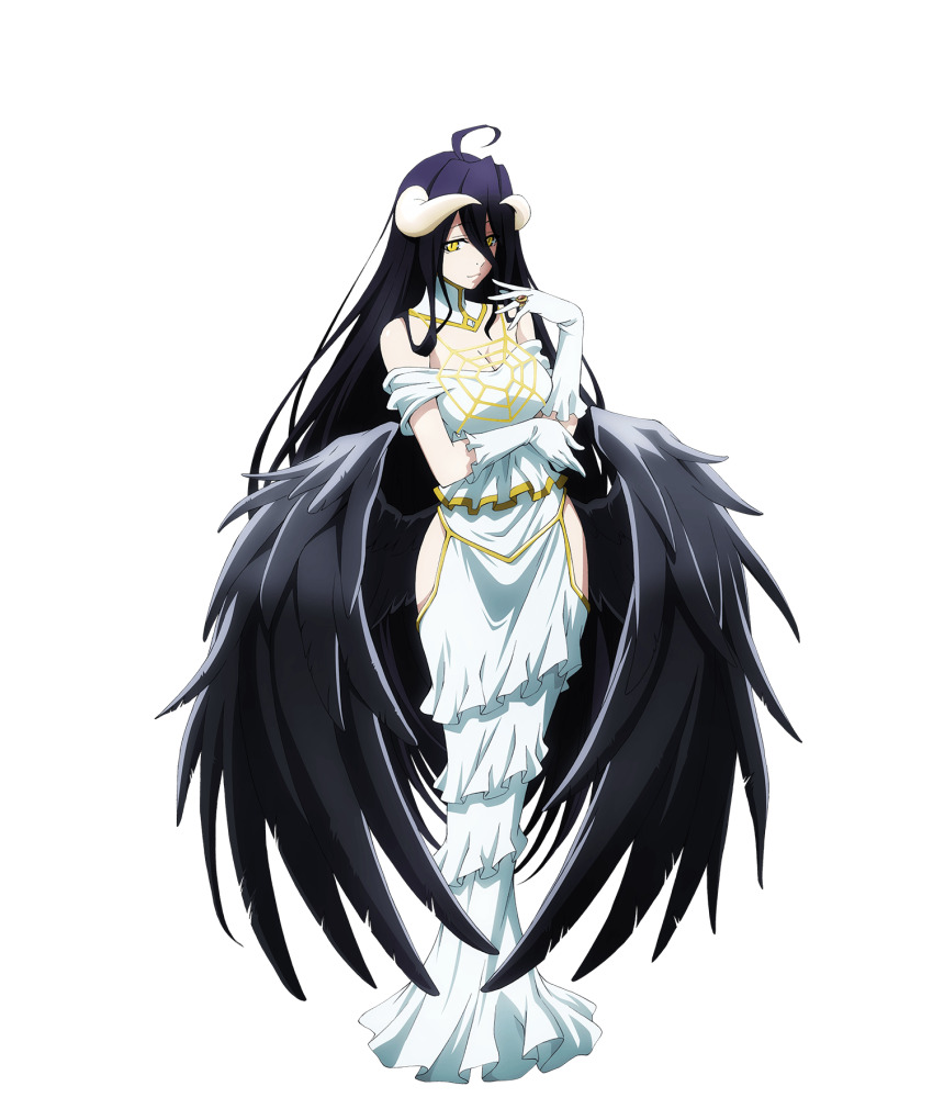 1girl, ahoge, albedo_(overlord), anime_coloring, bare_shoulders, black_feathers, black_hair, black_wings