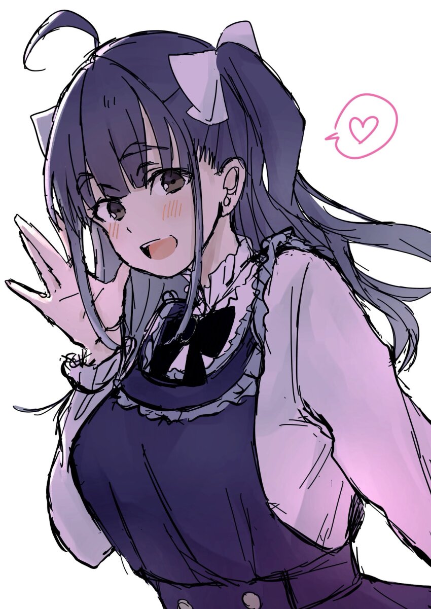1girl, :d, \||/, ahoge, black_bow, black_bowtie, blunt_bangs, blush, bow, bowtie, breasts, chofu_noriko, commentary_request, dress, frilled_shirt, frills, grey_eyes, hair_bow, heart, highres, ikizulive!_love_live!_bluebird, large_breasts, long_hair, long_sleeves, looking_at_viewer, love_live!, nekofumiman, open_mouth, pinafore_dress, purple_dress, purple_hair, shirt, sidelocks, simple_background, sleeveless, sleeveless_dress, smile, solo, speech_bubble, spoken_heart, two_side_up, upper_body, white_background, white_bow, white_shirt