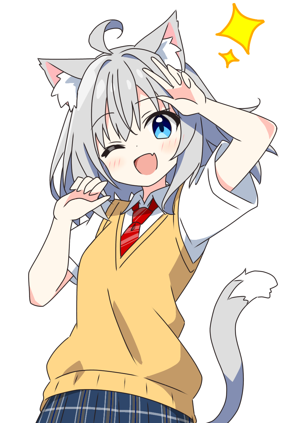 1girl, ;d, ahoge, animal_ear_fluff, animal_ears, arm_up, blue_eyes, blue_skirt