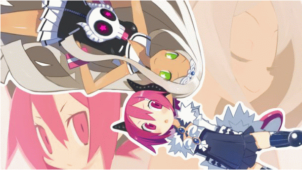 2girls, cosplay, costume_switch, disgaea, dress, green_eyes, harada_takehito, horns