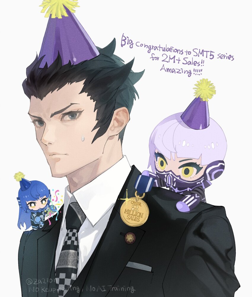 1boy, adam's_apple, black_hair, black_jacket, black_necktie, blue_eyes, blue_hair, blue_hat