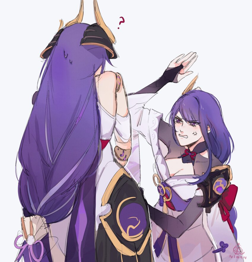 2girls, ?, absurdres, anger_vein, artist_name, black_gloves, breasts, bridal_gauntlets