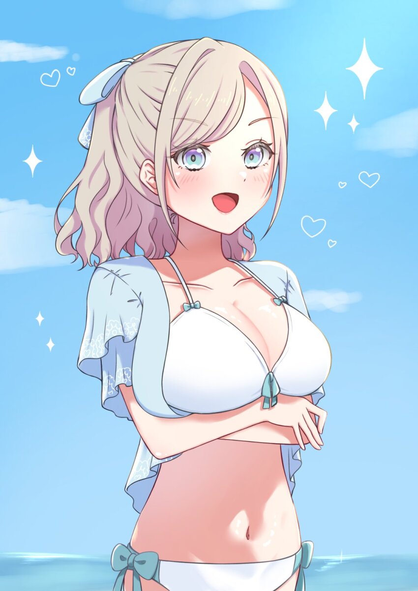 1girl, :d, arms_under_breasts, bikini, blue_eyes, blue_jacket, blue_sky, breasts