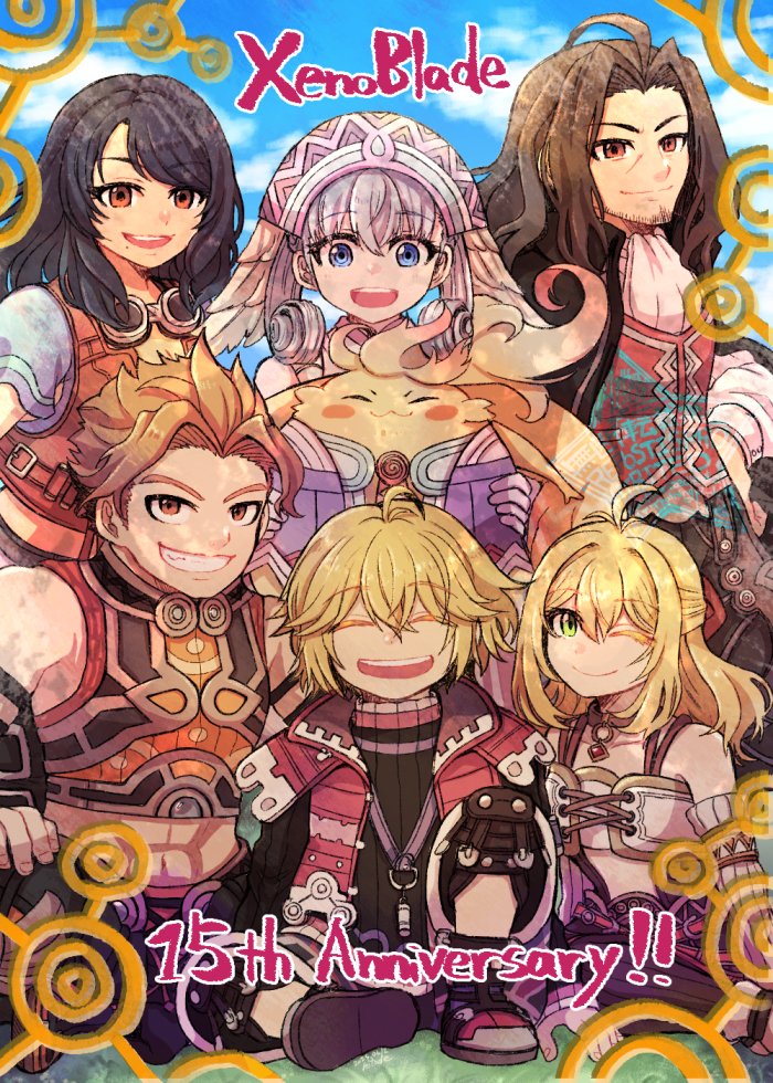 3boys, 3girls, :3, abs, anniversary, ascot, black_hair, blonde_hair, blue_eyes, brown_eyes, brown_hair, brown_shirt, collarbone, copyright_name, dunban_(xenoblade), facial_hair, fiora_(xenoblade), goatee_stubble, gomato, green_eyes, grin, happy, hat, holding, melia_antiqua, multiple_boys, multiple_girls, one_eye_closed, open_mouth, red_vest, reyn_(xenoblade), ribbed_shirt, riki_(xenoblade), sharla_(xenoblade), shirt, short_hair, shulk_(xenoblade), sitting, smile, stubble, vest, white_ascot, xenoblade_chronicles_(series), xenoblade_chronicles_1