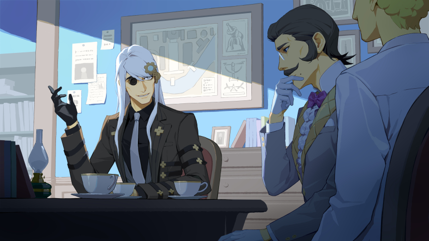 3boys, absurdres, ace_attorney, albert_harebrayne, arm_belt, belt, black_belt, black_gloves