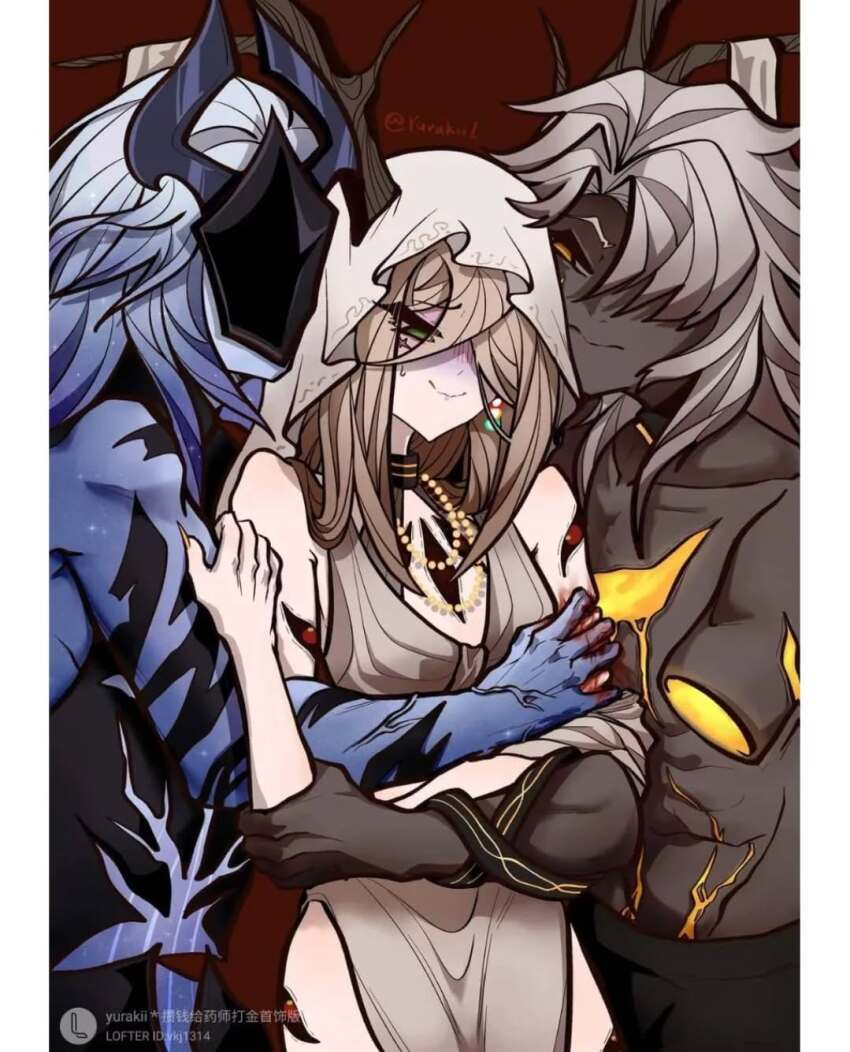 3others, antlers, bare_shoulders, blue_hair, blue_skin, brown_dress, brown_hair, colored_skin