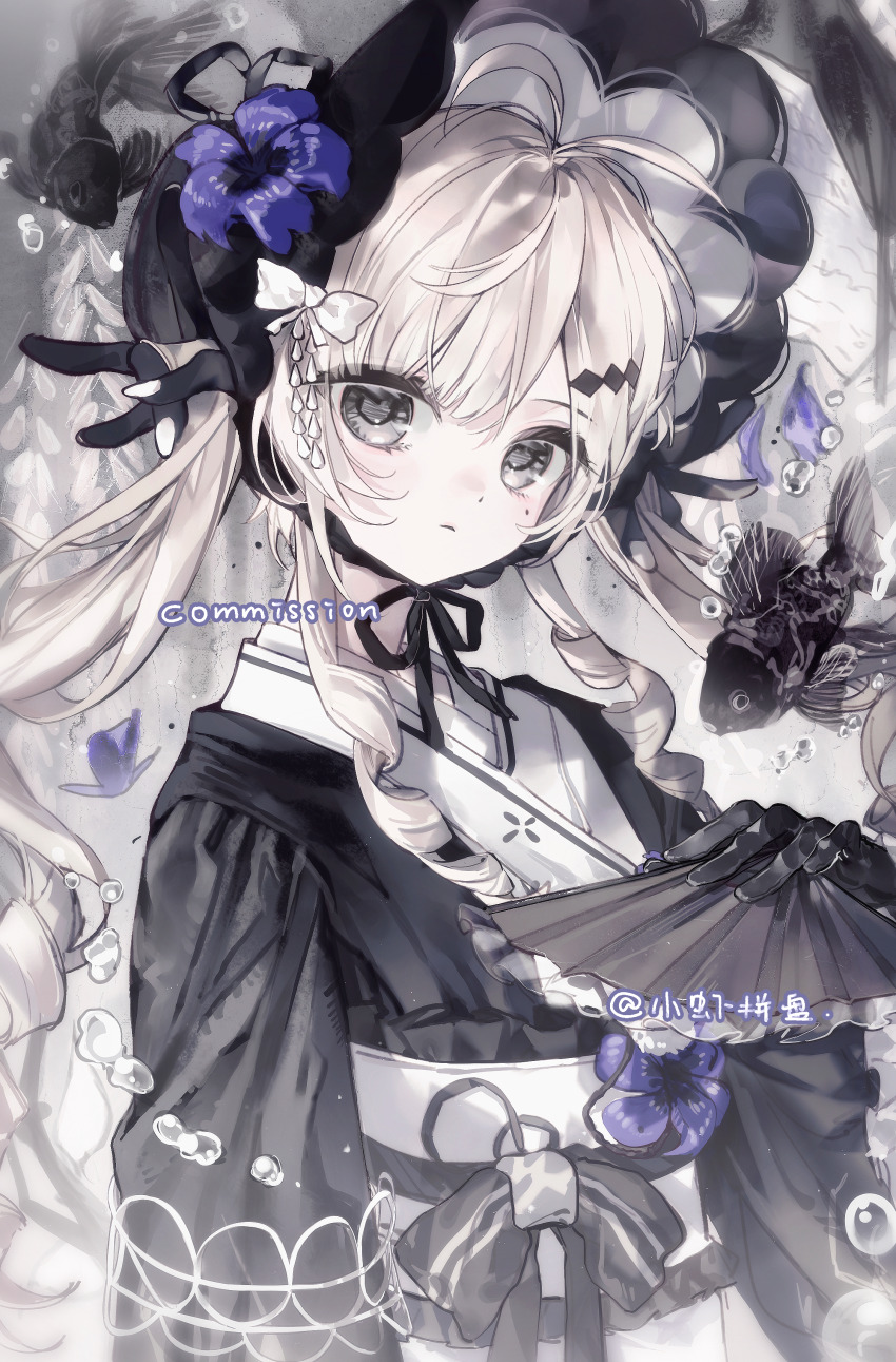1girl, absurdres, artist_name, black_fish, black_hat, black_kimono, black_ribbon, closed_mouth