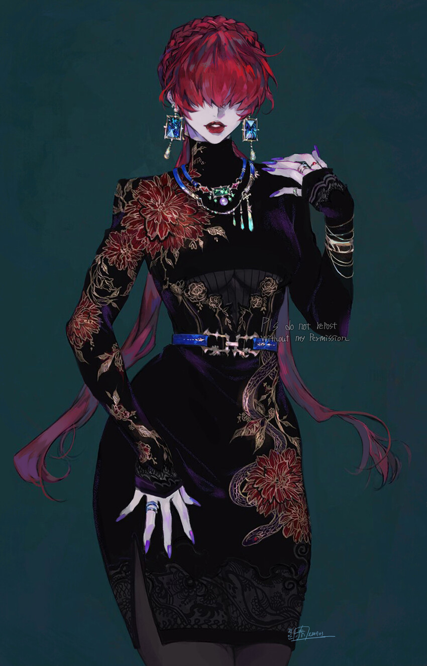 1girl, absurdres, braid, breasts, cleavage_cutout, clothing_cutout, curvy, dated, dress, earrings, female_focus, floral_print, flower, highres, jewelry, large_breasts, long_hair, long_sleeves, medium_breasts, pale_skin, ponytail, red_hair, redeye_rei, see-through_clothes, shermie_(kof), signature, skirt, the_king_of_fighters, thick_lips, thick_thighs, thighs, twintails, underboob, watermark, wide_hips