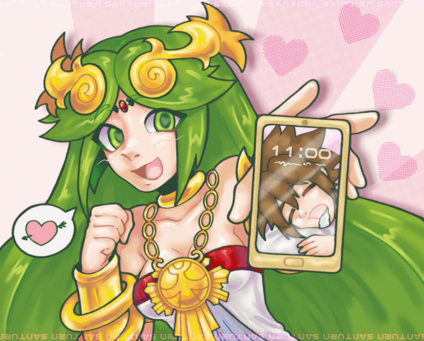 1girl, arrow_through_heart, artist_name, chain, circlet, collarbone, drooling, gold_chain, green_hair, heart, heart-shaped_pupils, highres, holding, holding_phone, jewelry, kid_icarus, kid_icarus_uprising, looking_at_viewer, nintendo, palutena, pendant, phone, pit_(kid_icarus), santurn, symbol-shaped_pupils, upper_body