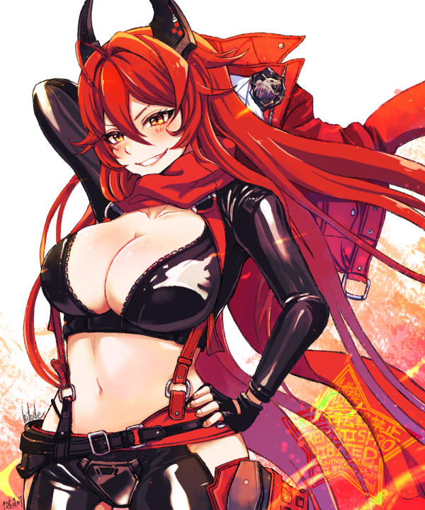 1girl, belt, black_belt, blush, breasts, cleavage, goddess_of_victory:_nikke, gomato, grin, hair_between_eyes, hand_on_own_hip, holding, holding_jacket, holding_unworn_clothes, horns, jacket, large_breasts, long_hair, midriff, navel, red_hair, red_hood_(nikke), smile, smug, solo, unworn_jacket, yellow_eyes, zipper