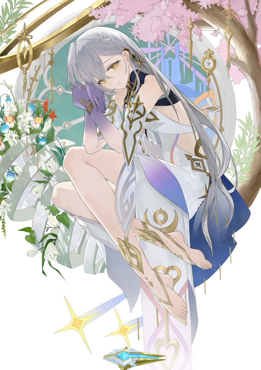 1girl, absurdres, alidu, bare_shoulders, barefoot, braid, branch, closed_mouth, colored_extremities, dress, feet, floating, flower, full_body, genshin_impact, gloves, grey_hair, hair_between_eyes, highres, istaroth_(genshin_impact), jewelry, long_hair, looking_at_viewer, own_hands_together, sitting, solo, toes, very_long_hair, white_dress, white_flower, yellow_eyes