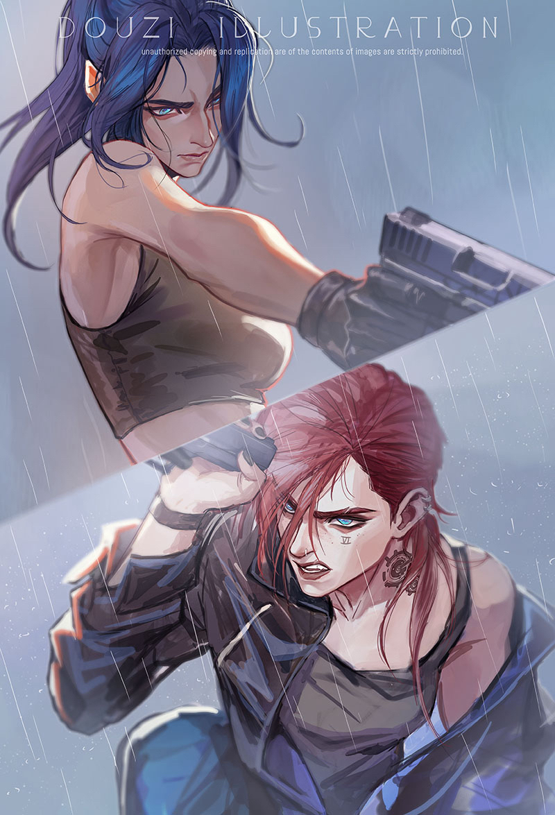 2girls, arcane:_league_of_legends, arm_tattoo, asymmetrical_hair, bare_shoulders, black_jacket, black_nails, blue_eyes