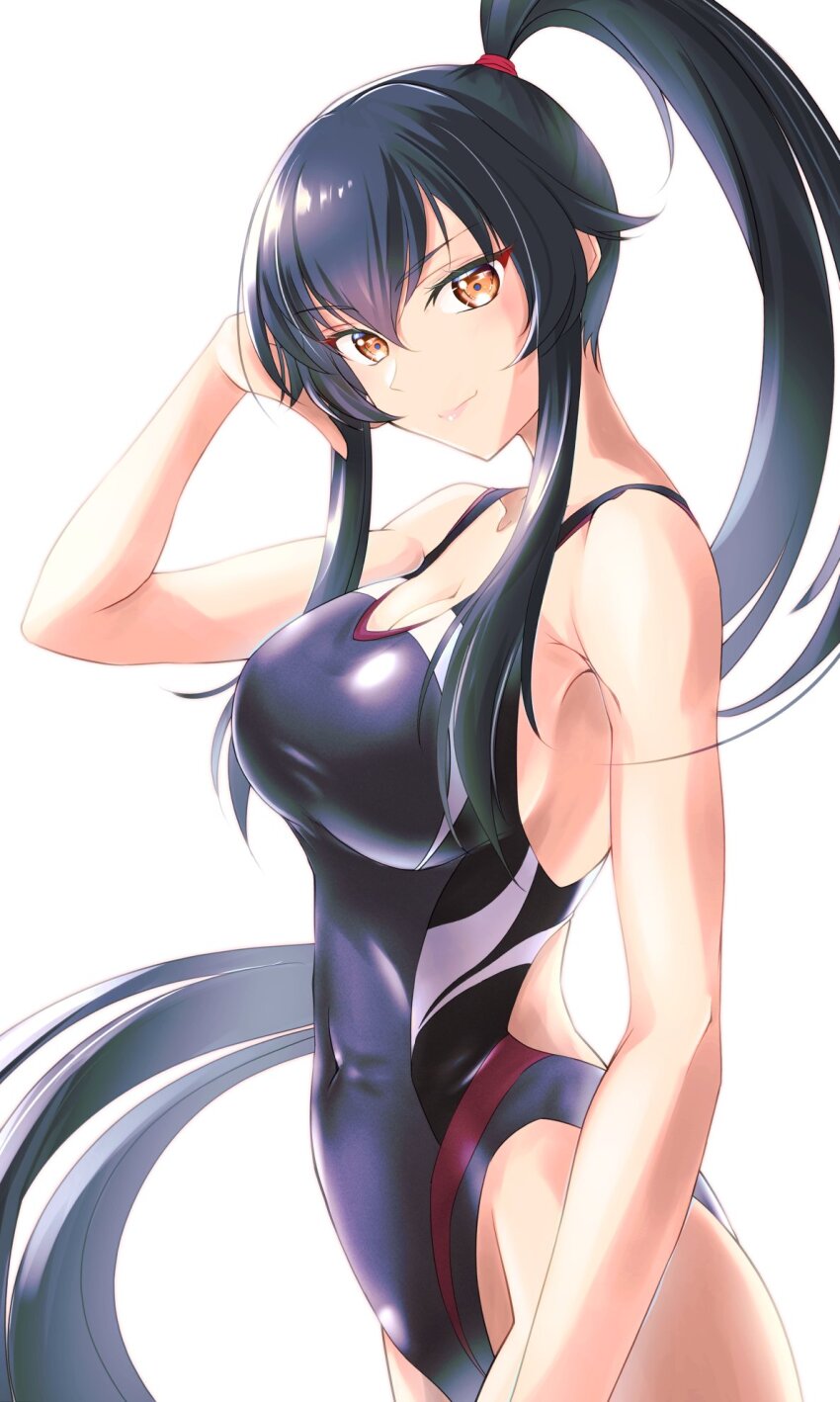 1girl, black_hair, black_one-piece_swimsuit, breasts, brown_eyes, commentary_request, competition_swimsuit, hair_flaps