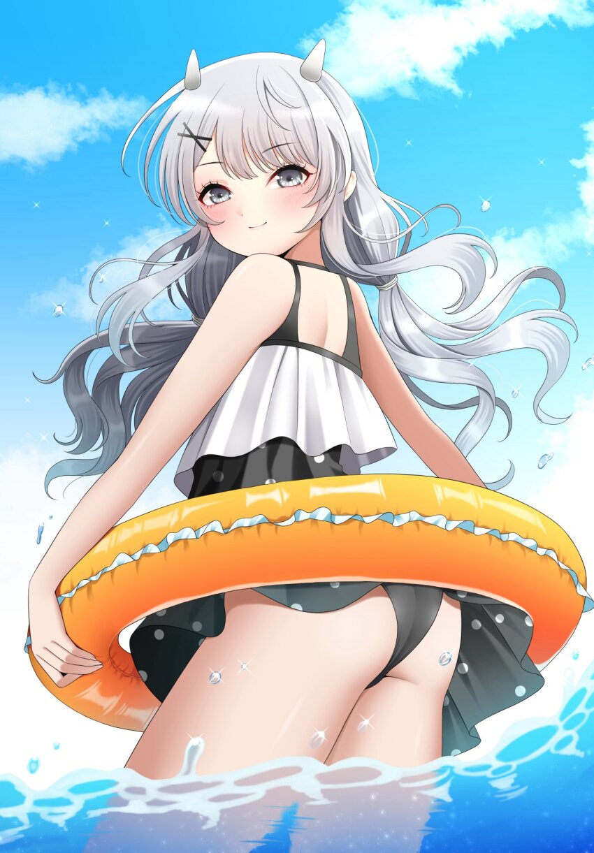 1girl, ass, beach, black_one-piece_swimsuit, blue_sky, blush, casual_one-piece_swimsuit, cloud
