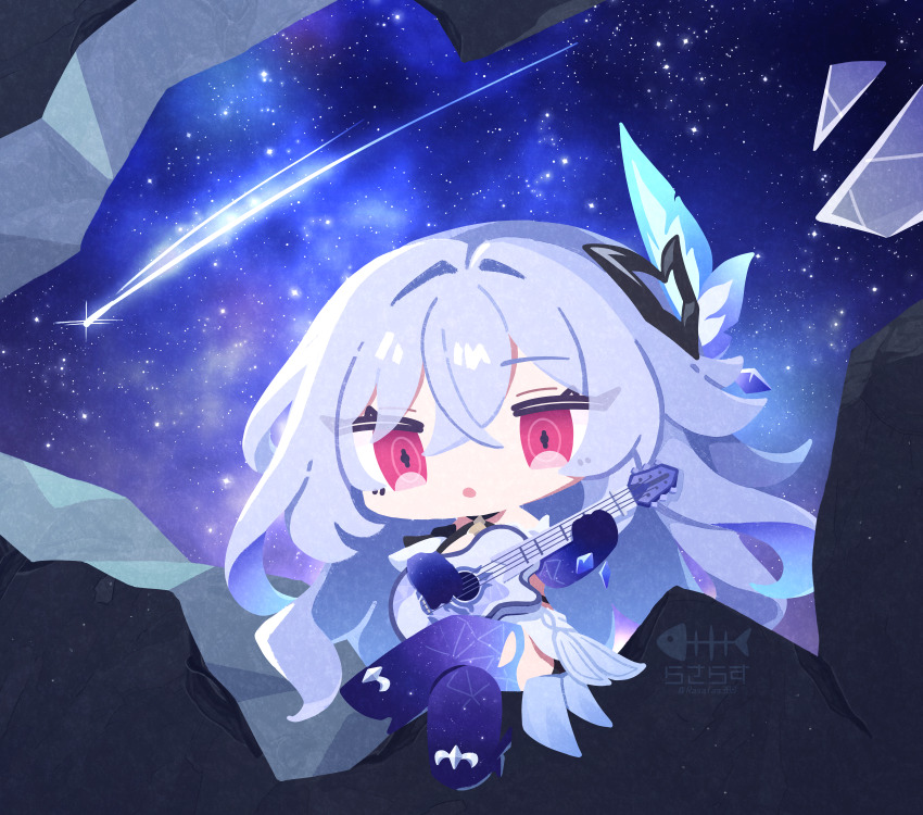 1girl, bare_shoulders, chibi, crossed_legs, dress, genshin_impact, grey_hair, guitar, hair_ornament, highres, holding, holding_guitar, holding_instrument, instrument, long_hair, rasarasu, red_eyes, sitting, skirk_(genshin_impact), solo