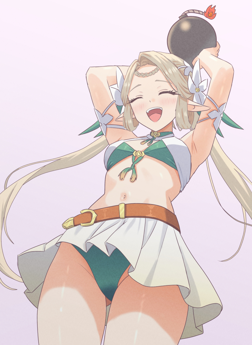 1girl, absurdres, armpits, arms_up, bare_shoulders, belt, bikini, bomb, braid, breasts, choker, closed_eyes, commentary_request, cowboy_shot, epic_seven, explosive, facing_viewer, flower, gluteal_fold, green_bikini, green_choker, grey_hair, hair_flower, hair_ornament, highres, holding, holding_bomb, iseria_(epic_seven), konnzyou, long_hair, miniskirt, navel, open_mouth, parted_bangs, pointy_ears, simple_background, skirt, small_breasts, smile, solo, stomach, summertime_iseria_(epic_seven), swimsuit, thighs, twintails, white_skirt