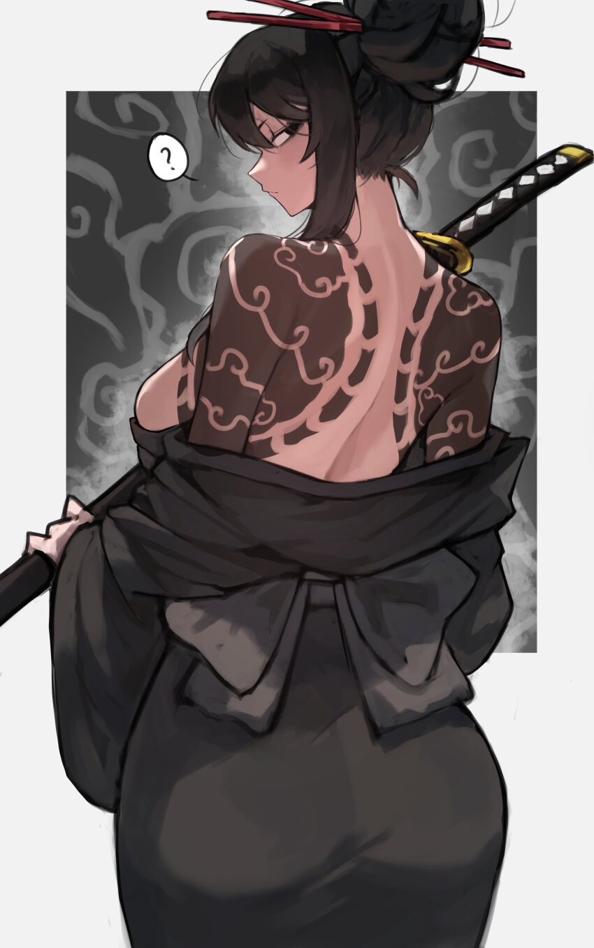 1girl, ?, absurdres, arm_tattoo, back, black_background, black_eyes, black_hair, black_kimono, breasts, cloud_background, cloud_tattoo, from_behind, hair_ornament, hairpin, highres, holding, holding_sword, holding_weapon, japanese_clothes, katana, kimono, large_breasts, library_of_ruina, looking_at_viewer, off_shoulder, project_moon, sayo_(project_moon), shigezie, shoulder_tattoo, sword, tattoo, weapon, white_background