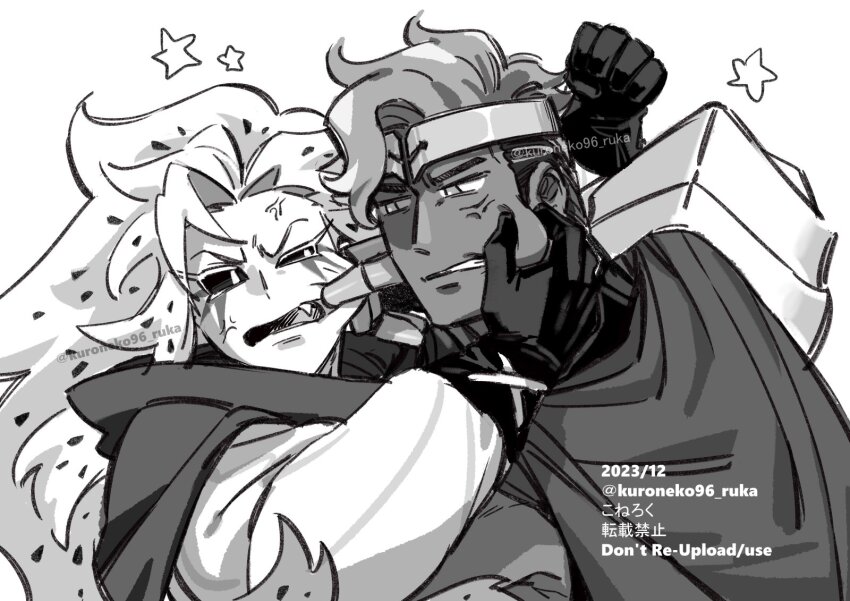 1boy, 1other, 2023, anger_vein, angry, capelet, clenched_teeth, colored_sclera