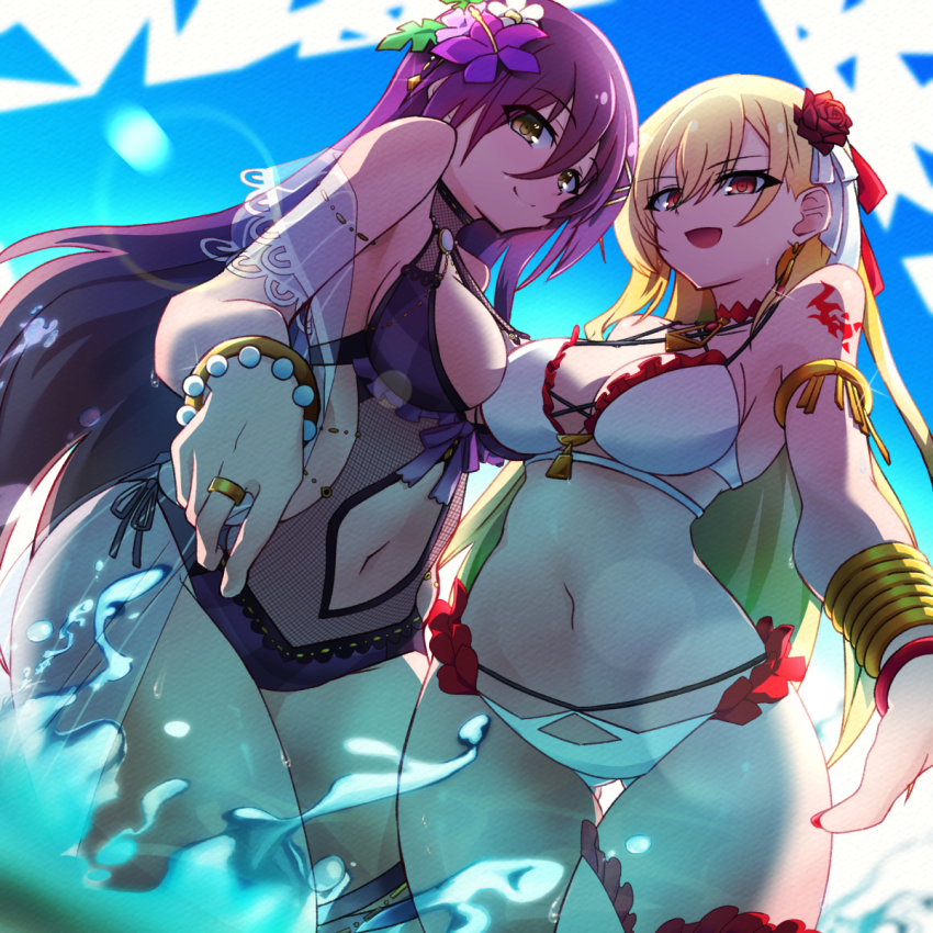 2girls, armlet, assault_lily, backlighting, bare_arms, bare_shoulders, bikini, blonde_hair
