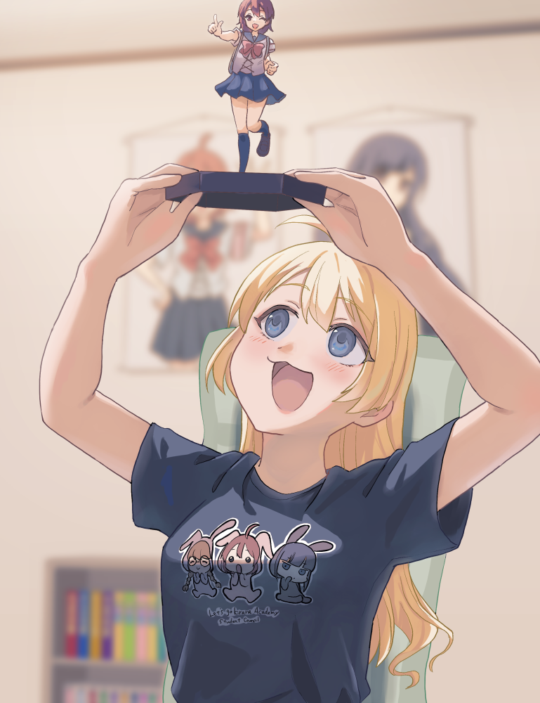 1girl, blonde_hair, blue_eyes, blue_shirt, blurry, blurry_background, blush, bocchi_the_rock!