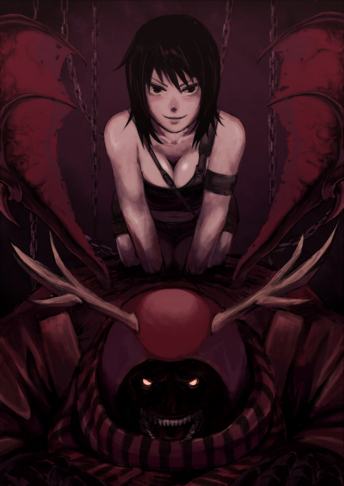 1girl, antlers, bad_id, bad_pixiv_id, bat_wings, black_eyes, black_hair, breasts