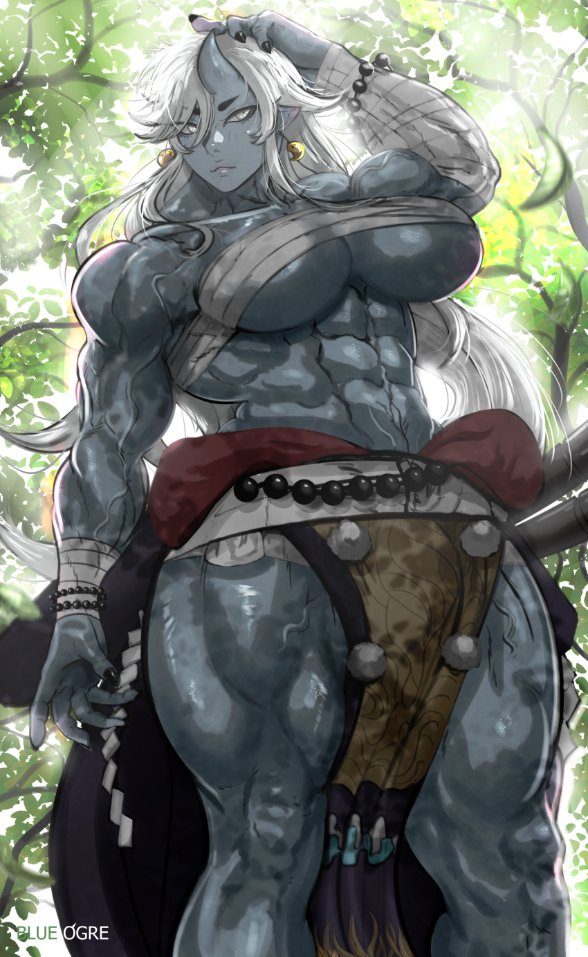 1girl, abs, absurdres, arm_tattoo, back_muscles, bandaged_arm, bandages, bare_shoulders, bead_bracelet, beads, biceps, blue_horns, blue_ogre, blue_oni, blue_skin, bracelet, breasts, bush, chest_sarashi, claws, closed_mouth, club, club_(weapon), colored_skin, curvy, dappled_sunlight, day, deltoids, earrings, eyeliner, forest, fundoshi, giant, giantess, grey_eyes, hair_between_eyes, hair_between_horns, highres, horns, huge_breasts, japanese_clothes, jewelry, kanabou, large_breasts, leaf, long_hair, makeup, muscular, muscular_arms, muscular_female, muscular_legs, nature, navel, obliques, oni, original, outdoors, pointy_ears, prayer_beads, sarashi, scenery, setsubun, shredded_muscles, single_horn, skin-covered_horns, smile, solo, sunlight, tall_female, tassel, tattoo, thighs, tree, underboob, v-taper, veins, veiny_arms, very_long_hair, weapon, white_hair, wide_hips