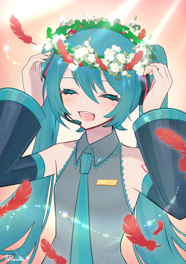 1girl, :d, aqua_hair, bare_shoulders, black_skirt, blush, breasts, closed_eyes