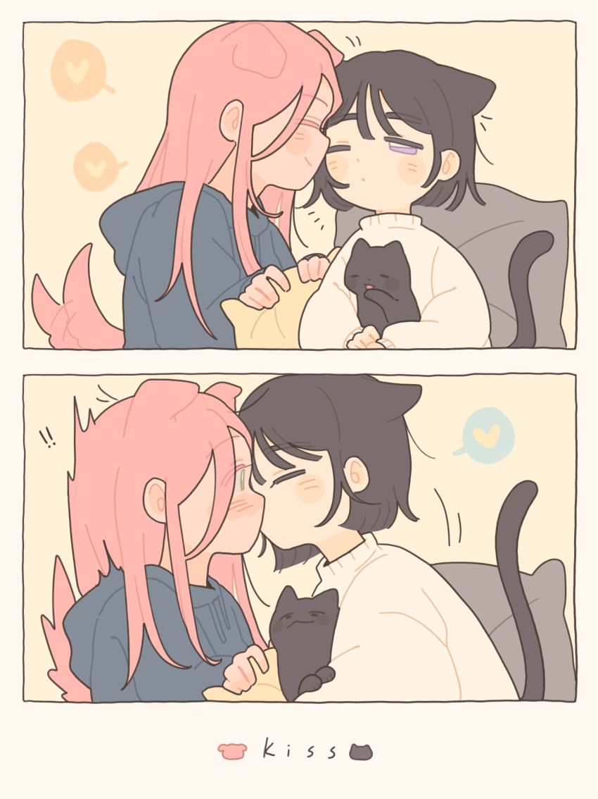 2girls, absurdres, alien_stage, animal_ears, black_cat, black_hair, blush, cat
