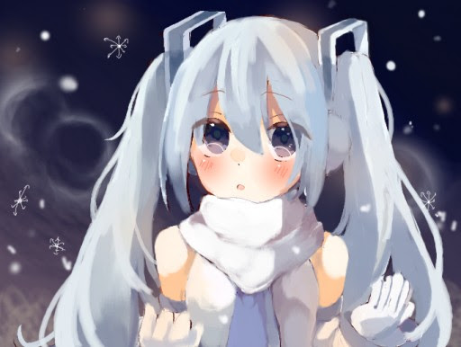 1girl, black_background, blush, detached_sleeves, garasya, hair_between_eyes, hatsune_miku, long_hair, oekaki, open_mouth, scarf, shirt, solo, tears, twintails, very_long_hair, vocaloid, white_shirt, winter, yuki_miku, yuki_miku_(2011)
