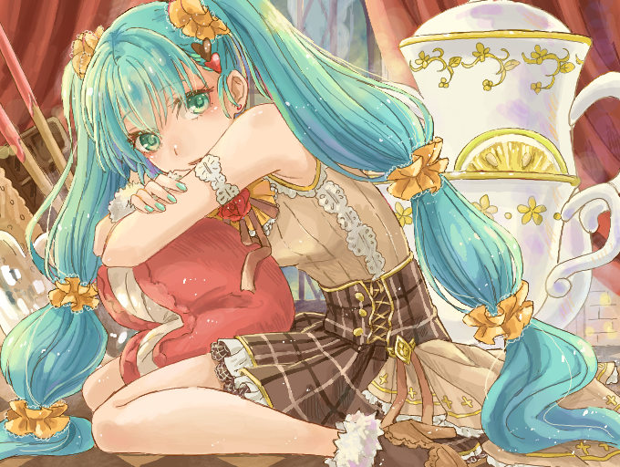 1girl, brown_shirt, brown_shoes, brown_skirt, food, fruit, garasya, green_eyes, green_nails, hatsune_miku, heart, heart-shaped_pillow, lemon, lemon_slice, long_hair, parted_lips, pillow, shirt, shoes, sitting, skirt, solo, twintails, very_long_hair, vocaloid