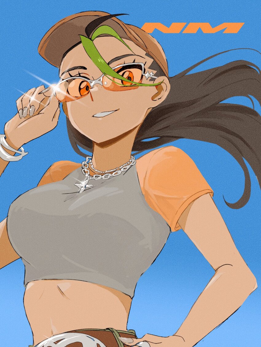 1girl, belt, black_hair, bracelet, breasts, crop_top, cropped_shirt, dark-skinned_female, dark_skin, glasses, green_hair, hat, highres, inunuki_000, jewelry, long_hair, medium_breasts, midriff, multicolored_hair, navel, necklace, nemona_(pokemon), nintendo, open_mouth, orange-tinted_eyewear, pants, pokemon, pokemon_scarlet_and_violet, shirt, short_sleeves, simple_background, smile, streaked_hair, sunglasses, teeth, tinted_eyewear, two-tone_hair, upper_body