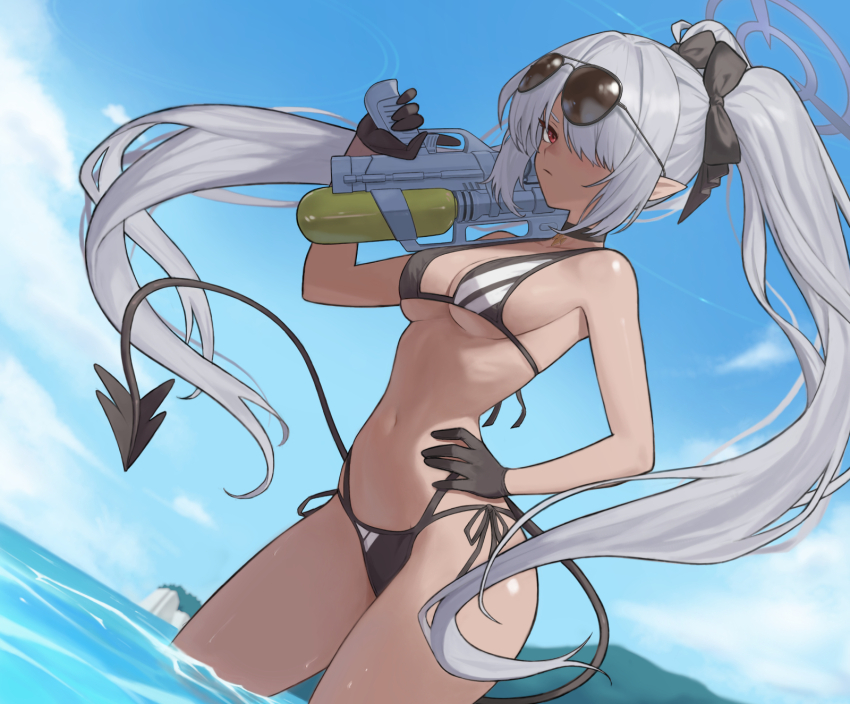 1girl, bare_arms, bare_shoulders, bikini, black_bikini, blue_archive, breasts, cleavage, dark-skinned_female, dark_skin, demon_girl, demon_tail, eyewear_on_head, grey_hair, grey_halo, hair_over_one_eye, halo, hand_on_own_hip, highres, holding, holding_water_gun, iori_(blue_archive), iori_(swimsuit)_(blue_archive), long_hair, looking_at_viewer, navel, official_alternate_costume, pointy_ears, potatoy, red_eyes, sky, solo, stomach, sunglasses, swimsuit, tail, twintails, water_gun