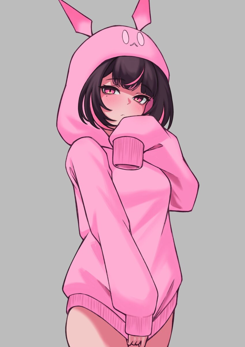 1girl, black_hair, blush, breasts, character_hood, highres, himemiya_rie, hood