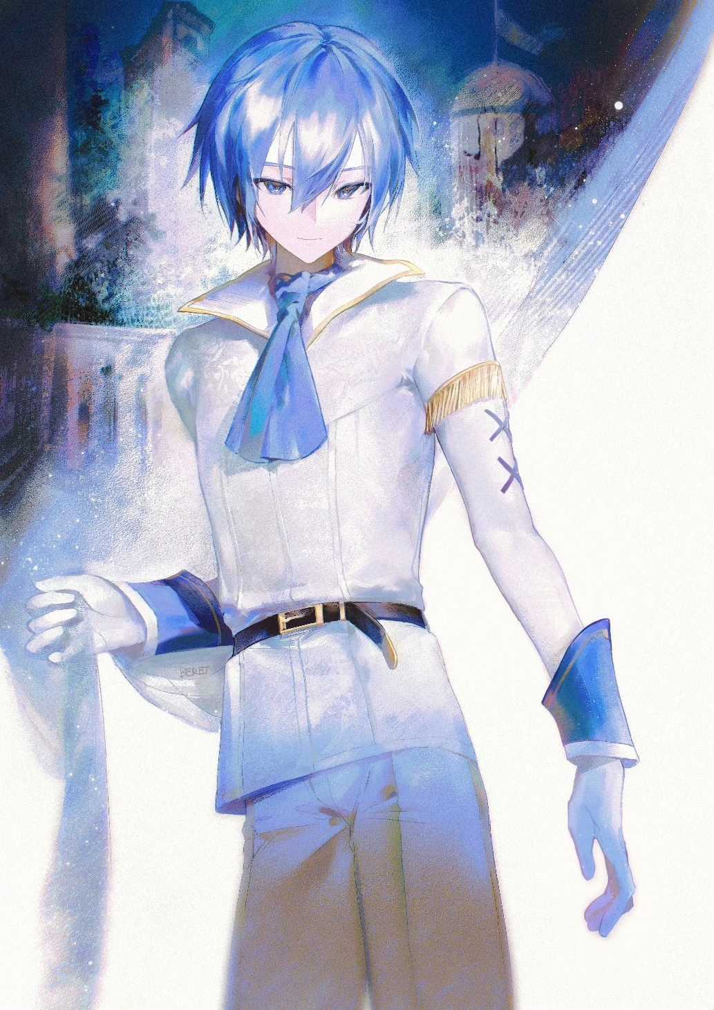 1boy, ascot, belt, beret_cj, black_belt, blue_ascot, blue_eyes, blue_hair