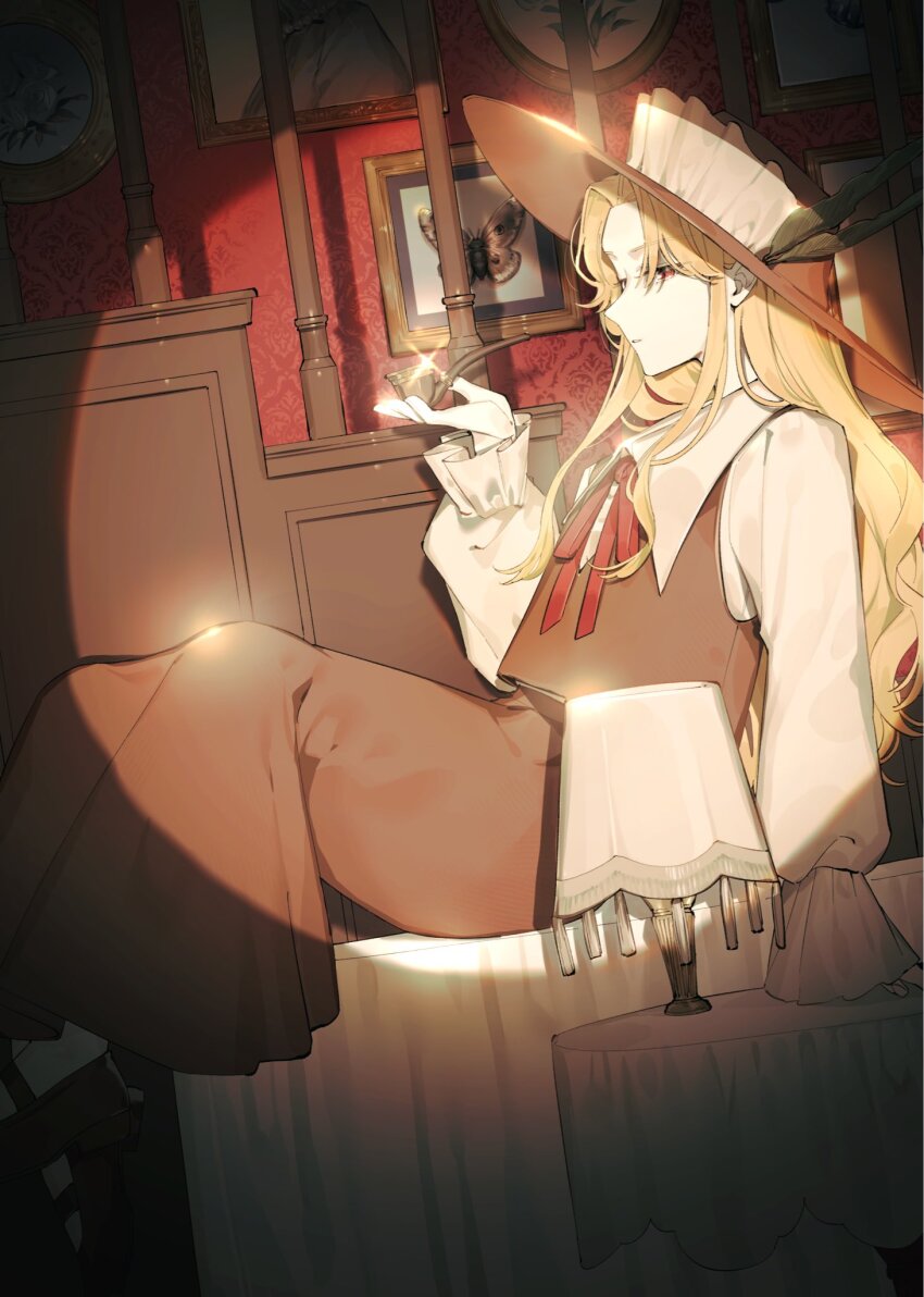 1girl, arm_support, black_hat, black_skirt, black_vest, blonde_hair, bug, collared_shirt, dolls_in_pseudo_paradise, from_side, hashtag-only_commentary, hat, highres, holding, holding_smoking_pipe, indoors, insect, jacket_girl_(dipp), lamp, laspberry., long_hair, long_sleeves, moth, on_table, picture_frame, railing, red_eyes, red_ribbon, ribbon, shirt, shoes, sitting, skirt, smoking_pipe, solo, spotlight, stairs, table, touhou, very_long_hair, vest, white_shirt, zoological_specimen