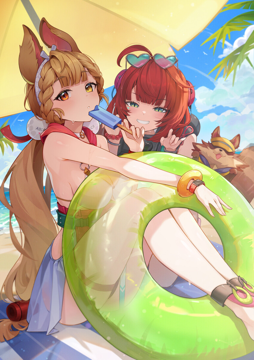 2girls, ahoge, alice_thymefield, alice_thymefield_(sea_of_thyme), animal_ears, beach, beach_umbrella, bracelet