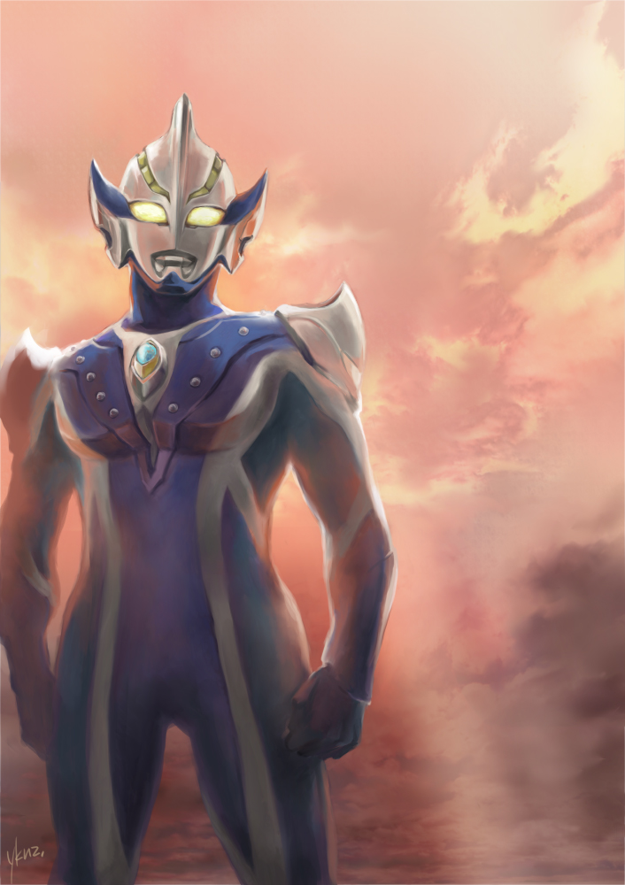 1boy, alien, arm_guards, armor, arms_at_sides, blue_skin, clenched_hands, cloud