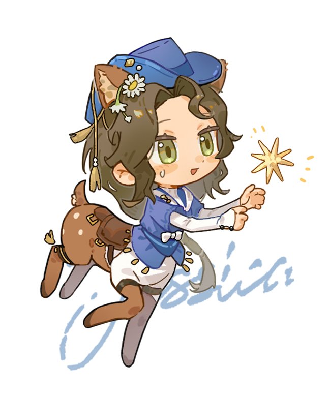 1girl, animal_ears, blue_hat, blue_shirt, brown_hair, centauroid, character_name, chibi