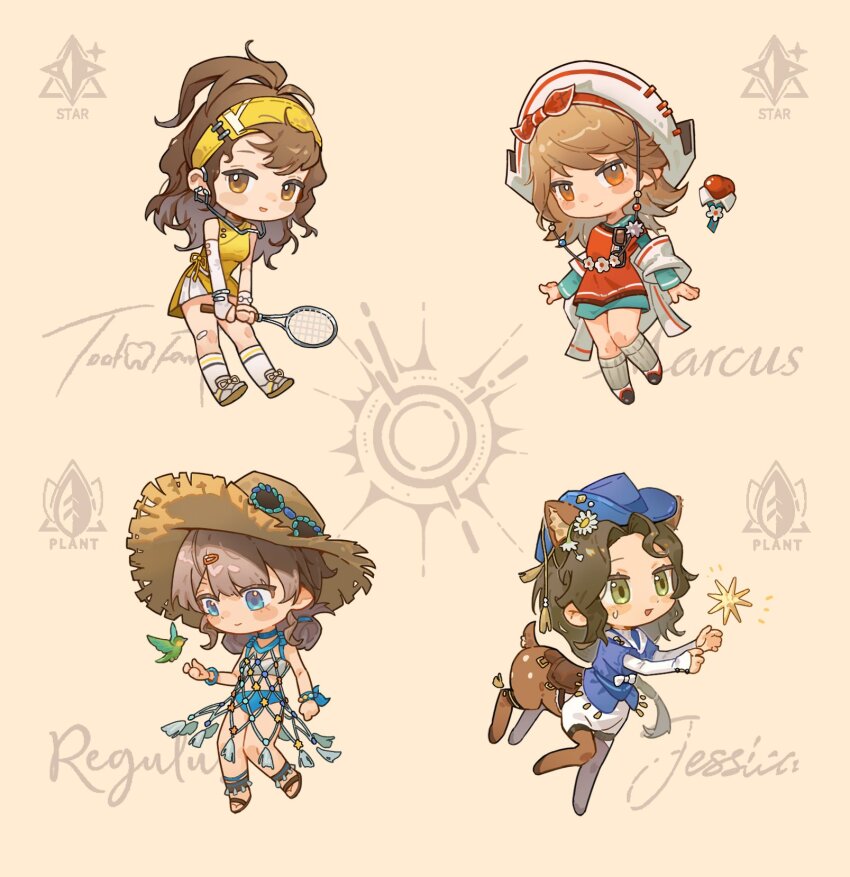 4girls, :d, animal_ears, apple, apple_(reverse:1999), arm_warmers, bandaid, bandaid_on_leg